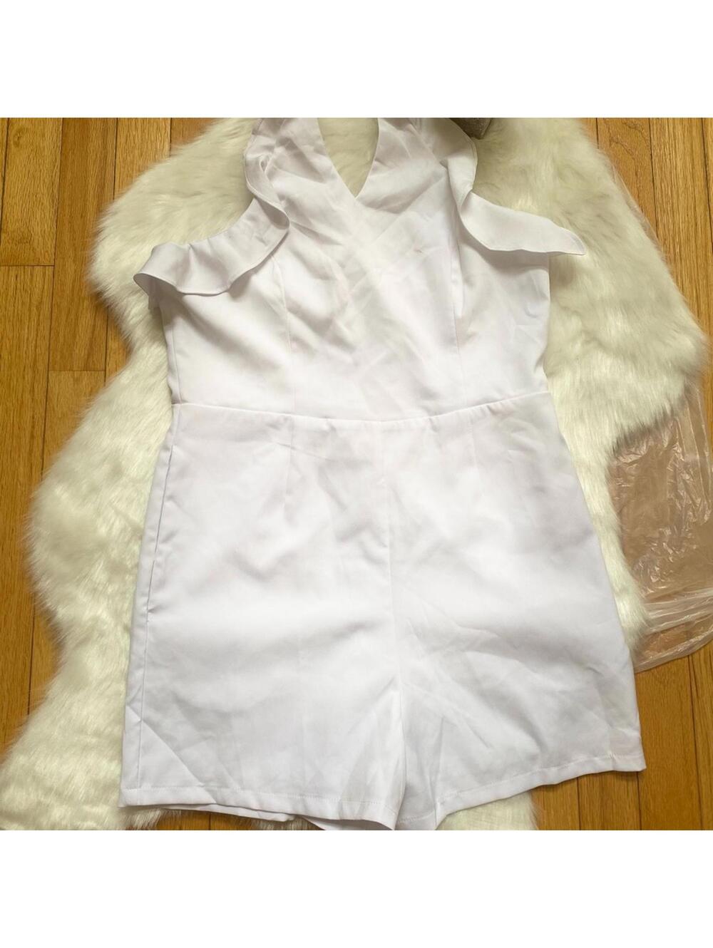 White Sleeveless Halter Neck Romper with Ruffle Detail M